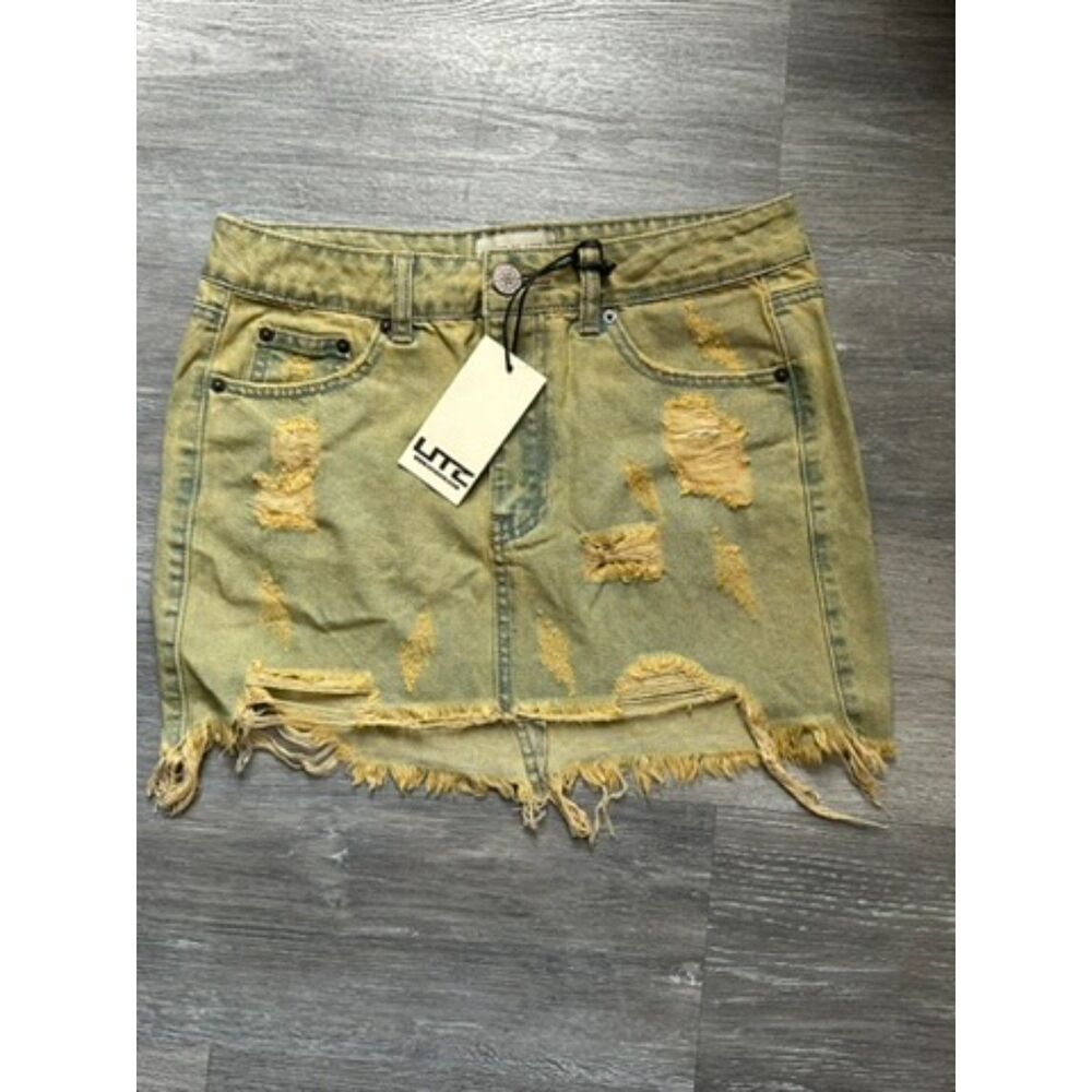 Uniq by Litz Distressed Jean Denim Mini Skirt S Washed Green/Yellow